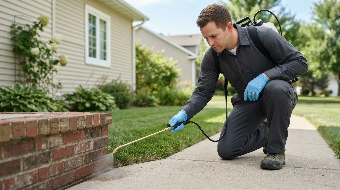Pest control technician treating a home near Baring, MO
